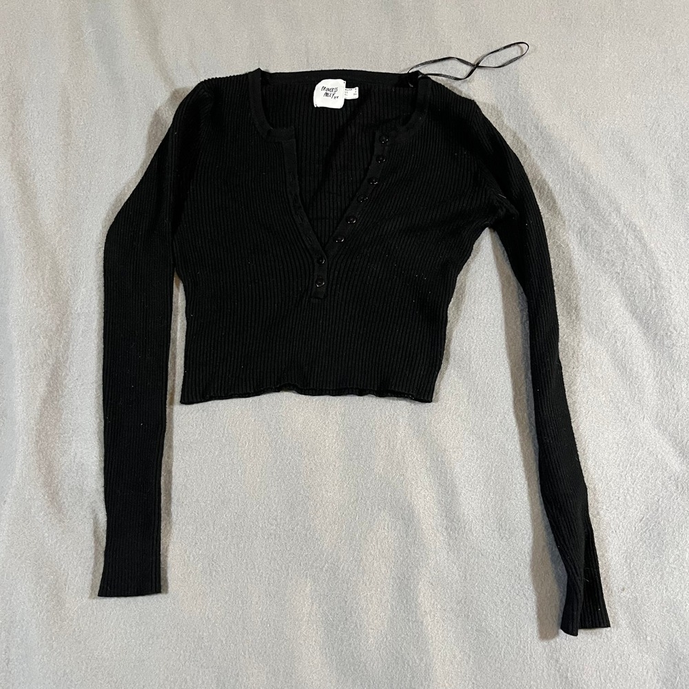 Princess‎ Polly Ribbed Knit Crop Top Button Up V Neck Long Sleeve Black Sz 2